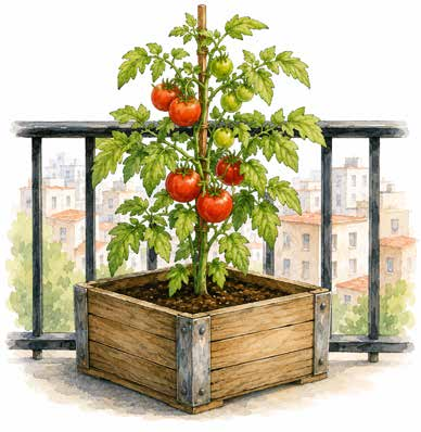 Ilustración del libro: planta de tomate en un recipiente sobre un balcón
